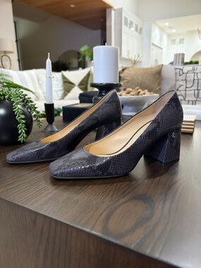 Jimmy Choo Black Snake-Embossed Block Heel Pumps